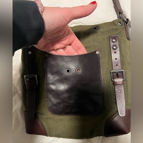 TREASURE & BOND Olive Green Canvas/ Brown Leather Messenger Crossbody Bag - Picture 3 of 9